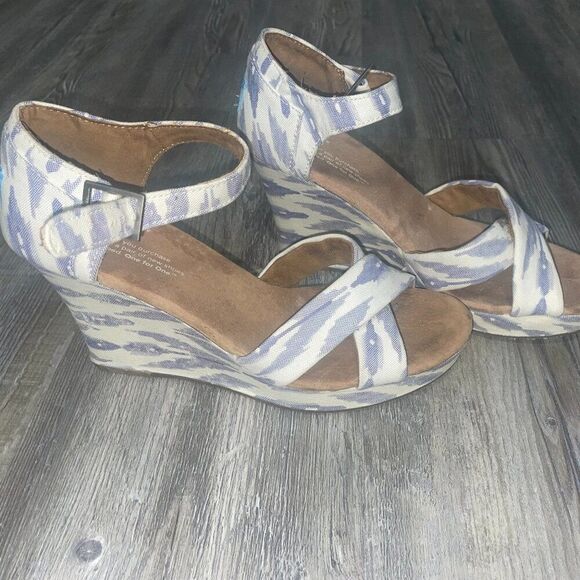Preowned Womens Toms Peep Toe Chambray Wedge sandals 7.5 - Picture 2 of 14